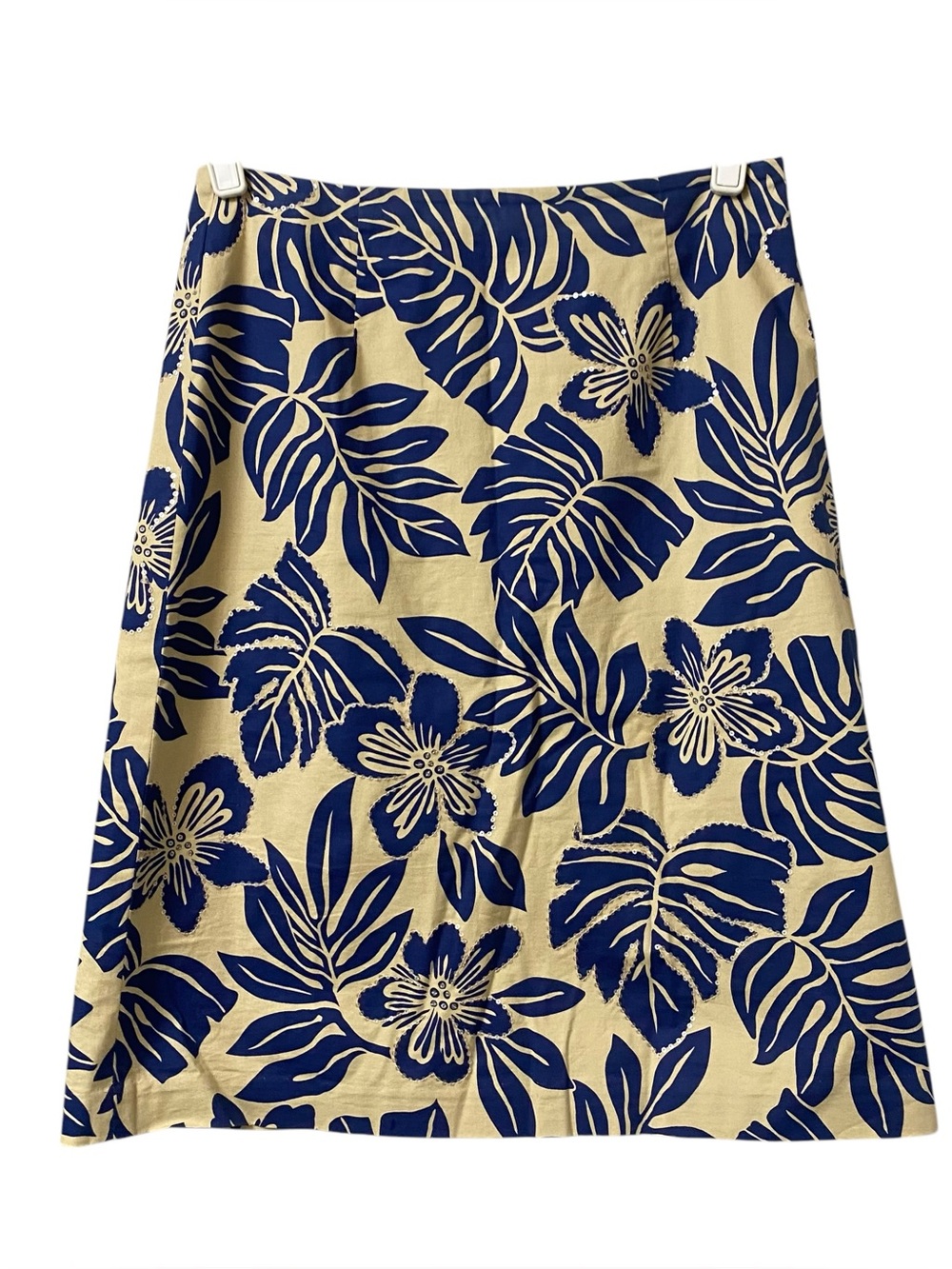 Vintage Talbots navy blue tan Hawaiian tropical palm leaf print sequins skirt 4